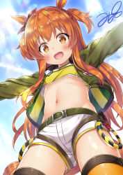 Rule 34 | 1girl, animal ears, belt, blush, bomber jacket, breasts, commentary request, highres, horse ears, horse girl, horse tail, jacket, looking at viewer, mayano top gun (umamusume), midriff, navel, orange eyes, orange hair, outstretched arms, shorts, sky, small breasts, solo, spread arms, tail, umamusume, yukino minato