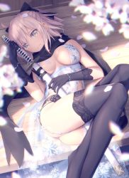Rule 34 | 1girl, ahoge, artoria pendragon (fate), artoria pendragon (lancer alter) (fate), artoria pendragon (lancer alter) (fate) (cosplay), artoria pendragon (lancer alter) (royal icing) (fate), artoria pendragon (lancer alter) (royal icing) (fate) (cosplay), ass, bare shoulders, black bow, black gloves, black scarf, black thighhighs, blush, bow, bracelet, breasts, brown eyes, cleavage, closed mouth, cosplay, day, elbow gloves, embarrassed, fate/grand order, fate (series), feet out of frame, frown, gloves, goribote, hair bow, holding, holding sword, holding weapon, jewelry, large breasts, looking at viewer, official alternate costume, okita souji (fate), okita souji (koha-ace), on floor, outdoors, petals, scarf, sheath, sheathed, short hair, short ponytail, silver hair, snowflake print, solo, sunlight, sword, thighhighs, weapon, wooden floor