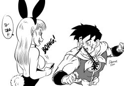 Rule 34 | 1boy, 1girl, animal ears, ass, black leotard, breasts, breasts out, bulma, dragon ball, english text, fake animal ears, funsexydragonball, hetero, leotard, long hair, looking at another, monochrome, naughty face, nipples, open mouth, playboy bunny, rabbit ears, short hair, text focus, yamcha