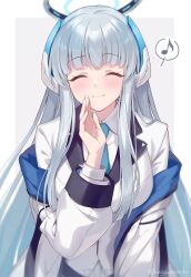 Rule 34 | 1girl, animal ears, blazer, blue archive, blue necktie, blunt bangs, blush, cat ears, choppy bangs, closed mouth, collared shirt, commentary, dress shirt, facing viewer, food, formal, fruit, grey hair, hagiwara rin, halo, hand up, highres, jacket, lemon, lemon slice, long hair, mechanical halo, musical note, necktie, noa (blue archive), off shoulder, open clothes, open jacket, shirt, sidelocks, smile, solo, spoken musical note, suit, symbol-only commentary, twitter username, two-sided fabric, two-sided jacket, upper body, very long hair, white jacket, white shirt