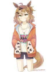 Rule 34 | 1girl, :&lt;, ahoge, animal ears, black shorts, blush stickers, cropped jacket, cropped legs, hair ornament, hands in pockets, highres, horse ears, horse girl, horse tail, jacket, jewelry, jungle pocket (umamusume), long sleeves, notched ear, open clothes, open jacket, orange jacket, pendant, sangria (sangria69), shirt, shorts, simple background, solo, tail, tank top, twitter username, umamusume, v-shaped eyebrows, white background, white shirt, yellow eyes