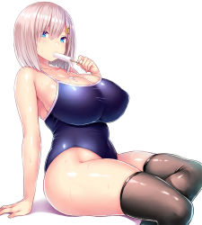 Rule 34 | 10s, 1girl, alternate costume, arm support, belly, blue eyes, breasts, cleavage, collarbone, competition school swimsuit, covered erect nipples, curvy, food, food in mouth, food on body, hair ornament, hairclip, hamakaze (kancolle), huge breasts, impossible clothes, kantai collection, looking at viewer, navel, one-piece swimsuit, plump, popsicle, school swimsuit, sexually suggestive, shadow, shiny clothes, short hair, silver hair, simple background, sitting, skindentation, solo, swimsuit, taut clothes, thick thighs, thighhighs, thighs, tsukumiya amane, white background