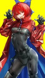 Rule 34 | 1girl, absurdres, adapted costume, akatsuki records, black bodysuit, black gloves, blue bow, bodysuit, bow, cape, commentary request, fang, gloves, hair bow, highres, long sleeves, looking at viewer, open mouth, red eyes, red hair, ribbon-trimmed bow, rock &#039;n&#039; rock &#039;n&#039; beat, safutsuguon, sekibanki, short hair, simple background, solo, touhou, two-sided cape, two-sided fabric, two-tone cape, yellow background, zipper
