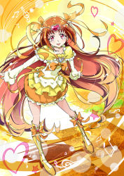 Rule 34 | 10s, 1girl, boots, bow, brown hair, bubble skirt, cure muse, cure muse (yellow), hair ribbon, heart, knee boots, long hair, magical girl, moupii (hitsuji no ki), musical note, orange background, orange skirt, orange theme, pink eyes, precure, quaver, ribbon, sharp sign, shirabe ako, skirt, solo, staff (music), suite precure, treble clef, very long hair, yellow bow