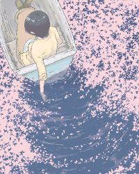 Rule 34 | 1girl, black hair, boat, cherry blossoms, lowres, petals, pixel art, short hair, solo, water, ymr