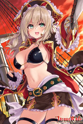 Rule 34 | 1girl, :d, bikini, bikini top only, black bikini, black jacket, blonde hair, blush, breasts, brown skirt, cleavage, copyright name, cowboy shot, cutlass, frilled sleeves, frills, green eyes, hair between eyes, hat, highres, hisen kaede, holding, holding sword, holding weapon, jacket, large breasts, long hair, long sleeves, looking at viewer, miniskirt, navel, official art, open clothes, open jacket, open mouth, orange sky, outdoors, pelvic curtain, pirate hat, pirate ship, sidelocks, skirt, sky, smile, solo, standing, stomach, swimsuit, sword, teeth, thigh strap, upper teeth only, v-shaped eyebrows, venus blade, waist cape, watermark, weapon, wing collar