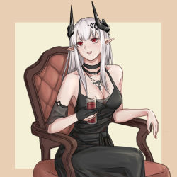 Rule 34 | 1girl, :d, absurdres, arknights, bare shoulders, black choker, black dress, breasts, brown background, chair, choker, cleavage, collarbone, detached sleeves, dress, feet out of frame, highres, horns, jewelry, long hair, looking at viewer, medium breasts, mudrock (arknights), mudrock (obsidian) (arknights), necklace, nitric acid (nitrate2002), official alternate costume, open mouth, pointy ears, red eyes, short sleeves, sidelocks, sitting, smile, solo, white hair