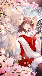 Rule 34 | 1boy, 1girl, :d, absurdres, branch, brown hair, cherry blossoms, chinese clothes, closed mouth, flower, green eyes, hair flower, hair ornament, hanfu, highres, holding hands, long hair, long sleeves, nana895, open mouth, pink flower, rosa (tears of themis), smile, tears of themis, vyn richter (tears of themis), white hair, yellow eyes