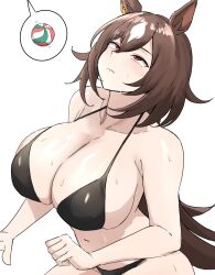 Rule 34 | 1girl, alternate costume, animal ears, bare shoulders, bikini, black bikini, breasts, brown hair, cleavage, clenched hand, closed mouth, collarbone, commentary request, ear ornament, hair between eyes, highres, horse ears, horse girl, horse tail, large breasts, long hair, looking up, miya nns35, multicolored hair, navel, red eyes, simple background, sirius symboli (umamusume), solo, spoken object, streaked hair, sweat, swimsuit, tail, umamusume, very long hair, white background, white hair