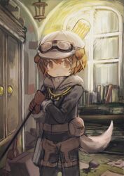 Rule 34 | 1boy, animal ears, arknights, black jacket, black pants, book, brown eyes, brown gloves, brown hair, buchi0122, cabbie hat, closed mouth, commentary request, gloves, goggles, goggles on head, grey shirt, greyy (arknights), hair between eyes, hat, holding, indoors, jacket, long sleeves, looking at viewer, male focus, pants, ribbed shirt, shirt, solo, standing, tail, white hat, window