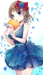 Rule 34 | 10s, 1girl, a (riduass023), bare arms, bare shoulders, baseball cap, bead necklace, beads, blue dress, blue eyes, blue flower, blue rose, blue theme, blush, bow, breasts, cleavage, closed mouth, clothes writing, cowboy shot, dress, flower, gradient background, hair beads, hair between eyes, hair bow, hair flower, hair ornament, hat, unworn hat, unworn headwear, holding, holding clothes, holding hat, jewelry, large breasts, looking at viewer, love live!, love live! school idol festival, love live! sunshine!!, necklace, pearl necklace, petals, red bow, rose, short dress, short hair, sleeveless, sleeveless dress, smile, solo, watanabe you, white background, yimu