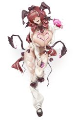 Rule 34 | 1girl, absurdres, black footwear, breasts, brown eyes, demon girl, demon horns, demon tail, full body, highres, horns, huge breasts, leotard, looking at viewer, multiple tails, open mouth, original, red hair, shoes, sidelocks, simple background, smile, solo, standing, standing on one leg, tail, thighhighs, white background, white leotard, white thighhighs, wonchun