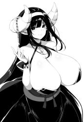 Rule 34 | 1girl, absurdres, blush, breasts, chixiao, cleavage, demon horns, greyscale, highres, horns, huge breasts, long hair, mole, mole under eye, monochrome, original, solo, tagme, white background