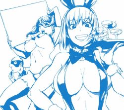 Rule 34 | 1boy, 2girls, animal ears, blush, breasts, censored, curvy, dated, detached collar, fake animal ears, hair ornament, happy, hime-chan (kon-kit), kon-kit, large breasts, leotard, long hair, looking at another, looking at viewer, mask, micro panties, monochrome, multiple girls, navel, nude, one eye closed, open mouth, original, panties, pasties, playboy bunny, rabbit ears, simple background, slingshot swimsuit, smile, swimsuit, thong, twintails, underwear, white background, wide hips, wink