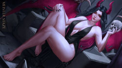 Rule 34 | 1girl, absurdres, artist name, bare arms, black dress, black hair, black nails, breasts, cleavage, collarbone, colored inner hair, commentary, commission, demon girl, demon horns, demon wings, dress, english commentary, hair intakes, highres, holding, holding skull, horns, large breasts, legs, lipstick, long hair, looking at viewer, makeup, meister staze, multicolored hair, nail polish, no shoes, original, parted lips, pink eyes, pink hair, pink horns, red lips, sitting, skull, solo, thighs, toenail polish, toenails, wings