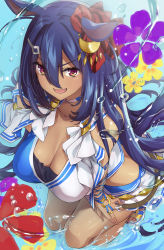 Rule 34 | 1girl, animal ears, bare shoulders, bikini, blue bikini, blue hair, blush, breasts, choker, cleavage, collarbone, crescent, crescent hair ornament, dark-skinned female, dark skin, ear ornament, hair between eyes, hair ornament, highres, hishi amazon (umamusume), horse ears, horse girl, horse tail, kneeling, large breasts, long hair, looking at viewer, miniskirt, open mouth, red eyes, sandals, skirt, smile, solo, swimsuit, tail, thighs, thomasz, two-tone bikini, umamusume, water, white bikini, white skirt