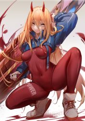 Rule 34 | 1girl, arm up, blonde hair, blood, bodysuit, breasts, chainsaw man, character name, closed mouth, commentary request, copyright name, covered navel, crossover, demon girl, faicha, full body, goddess of victory: nikke, hair between eyes, horns, huge weapon, long bangs, long hair, medium breasts, paid reward available, power (chainsaw man), red bodysuit, red horns, shoes, shrug (clothing), skin tight, sneakers, solo, squatting, thighs, tiptoes, very long hair, weapon, yellow eyes