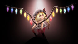 Rule 34 | 1girl, alternate costume, arkatopia, bare shoulders, black background, blonde hair, crystal, dress, fang, flandre scarlet, formal, frilled dress, frills, glowing, hat, hat ribbon, long hair, looking back, mob cap, open mouth, red dress, red eyes, ribbon, shadow, side ponytail, solo, sparkle, touhou, wings