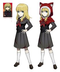 1girl animal_ears asdf1211950 black_sailor_collar black_serafuku black_shirt black_skirt black_souls blonde_hair blood blood_on_clothes brown_footwear capelet full_body fur-trimmed_hood fur_trim highres hood loafers long_hair long_sleeves looking_at_viewer multiple_views neckerchief pleated_skirt red_capelet red_hood_(black_souls) red_neckerchief sailor_collar school_uniform serafuku shirt shoes sidelocks simple_background skirt socks white_background white_socks wolf_ears