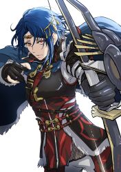 Rule 34 | 1boy, absurdres, alcryst (fire emblem), asymmetrical hair, black gloves, blue cape, blue hair, bow (weapon), buckle, cape, circlet, closed mouth, fire emblem, fire emblem engage, fur trim, gloves, hair ornament, high collar, highres, holding, holding bow (weapon), holding weapon, looking at viewer, male focus, nintendo, red eyes, simple background, solo, umi ( oneinchswing), weapon, white background