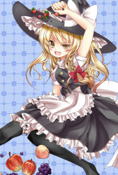 Rule 34 | 1girl, apple, black thighhighs, blackberry, blackberry (fruit), blonde hair, bow, braid, fang, female focus, food, fruit, grapes, hair bow, hat, kirisame marisa, long hair, open mouth, oumi hi, peach, ribbon, single braid, smile, solo, strawberry, thighhighs, touhou, witch hat, yellow eyes