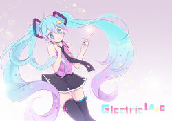 Rule 34 | 1girl, azurite0012, blue eyes, blue hair, blush, collared shirt, cube, electric love (vocaloid), gradient hair, hair ornament, hatsune miku, heart, heart-shaped pupils, heart hair ornament, index finger raised, long hair, looking at viewer, multicolored hair, necktie, open mouth, project diva (series), purple hair, shirt, skirt, sleeveless, sleeveless shirt, smile, solo, song name, symbol-shaped pupils, thighhighs, twintails, very long hair, vocaloid