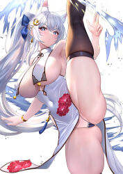 Rule 34 | 1girl, animal ears, azur lane, bare shoulders, black thighhighs, blue eyes, blue nails, blush, breast curtains, breasts, covered navel, crescent, crescent hair ornament, floral print, fox ears, gluteal fold, hair ornament, highres, large breasts, long hair, looking at viewer, nail polish, panties, parted lips, ponytail, shinano (azur lane), skindentation, solo, split, standing, standing on one leg, standing split, studiopokotan, thighhighs, thighs, underwear, white background, white hair