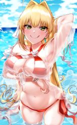 Rule 34 | 1girl, :q, bikini, blonde hair, blue sky, bracelet, cloud, day, earrings, fate/grand order, fate (series), green eyes, hair intakes, jewelry, long hair, looking at viewer, navel, nero claudius (fate), nero claudius (fate) (all), nero claudius (fate/extra), nero claudius (swimsuit caster) (fate), nero claudius (swimsuit caster) (third ascension) (fate), ocean, see-through, sky, solo, striped bikini, striped clothes, swimsuit, tongue, tongue out, wading, yayoi maka