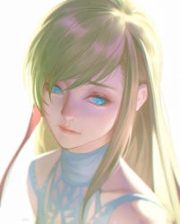 Rule 34 | 1girl, blonde hair, blue eyes, c home, collarbone, final fantasy, final fantasy xiv, frown, hair ribbon, highres, hyur, long hair, looking away, looking to the side, no pupils, portrait, realistic, ribbon, ryne waters, simple background, solo, swept bangs, white background