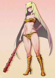 Rule 34 | 1girl, arm at side, artist name, bad id, bad pixiv id, bandeau, bare arms, bare shoulders, blonde hair, boots, breasts, clenched teeth, club, club (weapon), collarbone, colored skin, commentary request, cone horns, cosplay, creatures (company), cup, full body, game freak, gradient background, gradient hair, green eyes, groin, hand on own hip, high heel boots, high heels, highres, holding, holding weapon, horns, ikuchan kaoru, jewelry, kanabou, legs apart, long hair, looking at viewer, lum, lum (cosplay), lusamine (pokemon), medium breasts, midriff, multicolored hair, multicolored skin, navel, necklace, nintendo, oni, pokemon, pokemon sm, red background, revision, setsubun, shaded face, shadow, shiny skin, solo, spiked club, standing, stomach, sweat, teeth, tiger stripes, urusei yatsura, very long hair, weapon