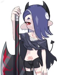 Rule 34 | 1girl, alternate costume, amakusa setoka, axe, black shawl, blue hair, body markings, chest sarashi, closed mouth, commentary request, demon tail, earrings, eyeshadow, hair over one eye, highres, holding, holding axe, jewelry, long hair, makeup, multiple earrings, navel, nintendo, octoling, red eyes, red eyeshadow, sarashi, shawl, shiver (splatoon), short eyebrows, simple background, smile, solo, splatoon (series), splatoon 3, standing, tail, tentacle hair, thick eyebrows, tooth earrings, torn clothes, white background