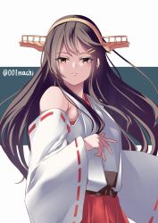 Rule 34 | 001machi, 1girl, absurdres, black hair, commentary request, cowboy shot, detached sleeves, hair ornament, hairband, hairclip, haruna (kancolle), headgear, highres, japanese clothes, kantai collection, long hair, looking at viewer, pleated skirt, red skirt, ribbon-trimmed sleeves, ribbon trim, skirt, solo, twitter username, two-tone background