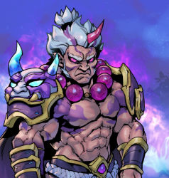 Rule 34 | 1boy, abs, akuma (street fighter), armor, bead necklace, beads, belt, black sclera, closed mouth, colored sclera, crossover, darius (league of legends), frown, grey hair, horns, jewelry, league of legends, looking at viewer, male focus, multicolored background, muscular, muscular male, necklace, outdoors, phantom ix row, pink eyes, serious, short hair, shoulder plates, single horn, solo, spirit blossom (league of legends), spirit blossom darius, street fighter, tattoo, upper body