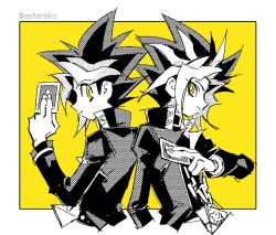 Rule 34 | 2boys, asterisks aya, card, chain, chain necklace, collar, halftone, holding, holding card, jacket, jewelry, light smile, multiple boys, necklace, spiked hair, upper body, white background, yami yugi, yellow background, yellow eyes, yu-gi-oh!