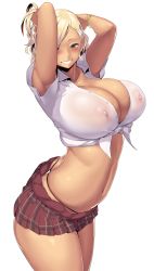 Rule 34 | 1girl, amesuku gyaru, armpit peek, armpits, arms up, ass, blonde hair, blush, breasts, cleavage, collarbone, covered erect nipples, cowboy shot, dark-skinned female, dark skin, from side, front-tie top, green eyes, grin, gyaru, hair ornament, hairclip, hakai shin, highres, huge breasts, jewelry, kogal, looking at viewer, microskirt, miniskirt, navel, necklace, nipples, no bra, original, plaid, plaid skirt, rabbit hair ornament, see-through, shirt, short hair, simple background, skindentation, skirt, smile, solo, thighs, thong, tied shirt, whale tail (clothing), white background