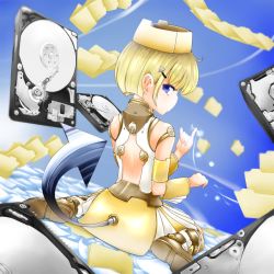 Rule 34 | 1girl, arrow (symbol), back cutout, bad id, bad pixiv id, blonde hair, blue eyes, boots, clothing cutout, folder, hard drive, hat, highres, hito noma, original, paper, personification, pinky out, short hair, sitting, tail, wariza