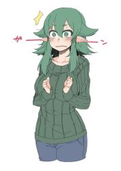 Rule 34 | ^^^, 1girl, asakawa remon, blush, breasts, green eyes, green hair, matching hair/eyes, original, pointy ears, remona-san, ribbed sweater, simple background, solo, sweater, white background