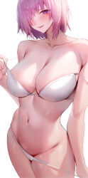 Rule 34 | 1girl, absurdres, bare shoulders, blush, bra, breasts, cleavage, collarbone, fate/grand order, fate (series), hair over one eye, highres, large breasts, looking at viewer, mash kyrielight, navel, open mouth, panties, purple eyes, purple hair, rororo, short hair, smile, solo, thighs, underwear, white bra, white panties