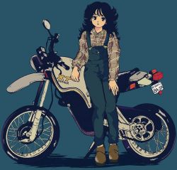 Rule 34 | 1980s (style), 1girl, black hair, blue background, breasts, flat chest, full body, highres, leaning against motorcycle, loafers, long hair, medium breasts, motor vehicle, motorcycle, nakamori akina, oldschool, overalls, oversized clothes, pikurusu, plaid, plaid shirt, real life, retro artstyle, shirt, shoes, solo, yamaha, yamaha xt