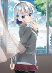 Rule 34 | 1girl, arm behind back, arm up, black pantyhose, blue eyes, blush, book, building, commentary request, curtains, grey hair, grey jacket, hair ornament, hair ribbon, hairclip, highres, holding, holding book, jacket, long sleeves, looking at viewer, looking to the side, muninshiki, original, pantyhose, parted lips, pleated skirt, railing, red skirt, ribbon, shirt, skirt, solo, standing, white shirt, window
