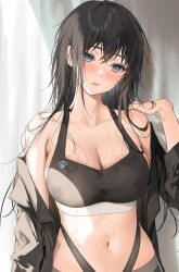 Rule 34 | 1girl, absurdres, bare shoulders, black hair, black sports bra, blue eyes, blush, breasts, cleavage, collarbone, crossed bangs, hand up, highres, large breasts, long hair, long sleeves, mole, mole on breast, mole under eye, myabit, navel, off shoulder, open clothes, original, parted lips, solo, sports bra, stomach, sweat, upper body