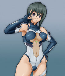 Rule 34 | 00s, 1girl, \m/, ahoge, armpits, bare shoulders, blue eyes, blue gloves, bodysuit, breasts, breasts apart, cameltoe, covered erect nipples, covered navel, cowboy shot, elbow gloves, facial mark, fingerless gloves, frown, gloves, gradient background, green hair, groin, hair between eyes, halterneck, hand on own hip, hand up, highleg, highleg leotard, hip focus, impossible clothes, impossible leotard, kannagi itsuki, large breasts, leotard, looking at viewer, navel, pilot suit, reta, serious, shiro (reta), skin tight, solo, sora wo kakeru shoujo, thigh strap, turtleneck