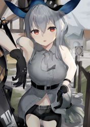 Rule 34 | 1girl, absurdres, arknights, arm rest, armpits, ascot, belt, black gloves, black hat, black pants, bracelet, breasts, clothing cutout, collared shirt, cowboy shot, day, gloves, grey ascot, grey shirt, hair between eyes, hand on own hip, hat, highres, jewelry, large breasts, long hair, looking at viewer, low-tied long hair, midriff, midriff peek, navel, open mouth, outdoors, pants, partially unbuttoned, red eyes, shirt, silver hair, skadi (arknights), sleeveless, sleeveless shirt, solo, standing, straight hair, sword, thigh cutout, thighs, very long hair, weapon, zukan (db tyoutyo)