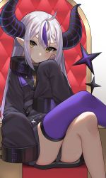 Rule 34 | 1girl, absurdres, ahoge, braid, chain, closed mouth, collar, crossed legs, demon girl, demon horns, feet out of frame, grey hair, hand up, head rest, highres, hololive, honeyhoppin, horns, la+ darknesss, long hair, long sleeves, looking at viewer, metal collar, multicolored hair, pointy ears, purple hair, purple thighhighs, sidelocks, single thighhigh, sitting, sleeves past fingers, sleeves past wrists, solo, streaked hair, striped horns, thighhighs, thighs, very long hair, virtual youtuber, wide sleeves, yellow eyes