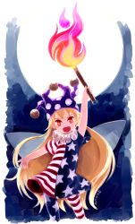 Rule 34 | 1girl, absurdres, american flag dress, american flag legwear, blonde hair, clownpiece, cowboy shot, dress, fairy wings, fire, full moon, hat, highres, jester cap, long hair, looking at viewer, moon, neck ruff, open mouth, pantyhose, red eyes, sakana (packetsjp), short dress, short sleeves, smile, solo, star (symbol), star print, striped clothes, striped pantyhose, torch, touhou, very long hair, wings