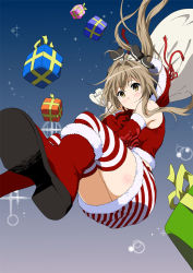 Rule 34 | 10s, 1girl, amagi brilliant park, antenna hair, bare shoulders, blush, boots, brown hair, christmas, detached sleeves, floating hair, fur boots, fur trim, gift, gradient background, hair intakes, hat, highres, long hair, looking at viewer, pencil skirt, ponytail, red footwear, sack, santa boots, santa hat, sento isuzu, skirt, solo, sparkle, striped clothes, striped thighhighs, thighhighs, yellow eyes, yoshiki360