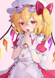 Rule 34 | 1girl, :d, adapted costume, alternate costume, apron, blonde hair, blush, bow, commentary request, cowboy shot, crossed bangs, crystal, dress, enmaided, fang, flandre scarlet, flat chest, frills, fuua (fxae3875), hair between eyes, hair bow, hat, highres, interlocked fingers, looking at viewer, maid, mob cap, nail polish, one side up, open mouth, pink background, pink dress, puffy short sleeves, puffy sleeves, red bow, red eyes, red nails, short hair, short sleeves, simple background, skin fang, smile, solo, touhou, white apron, white hat, wing collar, wings, wrist cuffs