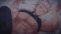 Rule 34 | 1boy, abs, animated, animated gif, archer (fate), artist name, bara, bare pectorals, bed, black pants, black tank top, bouncing pecs, clenched teeth, closed eyes, closed mouth, clothes lift, dark-skinned male, dark skin, fate/hollow ataraxia, fate/stay night, fate (series), grey hair, implied sex, large pectorals, lying, male focus, muscular, muscular male, navel, nipples, on back, on bed, pants, pectorals, ro (pixiv34009774), short hair, solo, tank top, teeth, yaoi