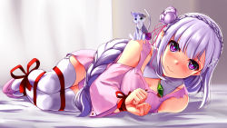 Rule 34 | 10s, 1girl, animal, animal on shoulder, bdsm, blush, bondage, bound, bound legs, bound wrists, braid, breasts, butterfly hair ornament, cat, closed mouth, crystal, detached sleeves, dress, elf, emilia (re:zero), flower, full body, garter straps, gem, hair flower, hair ornament, hair ribbon, highres, jewelry, long hair, looking at viewer, lying, mizuki (mizuki ame), on bed, on side, pack (re:zero), pink dress, pink footwear, pointy ears, puck (re:zero), purple eyes, purple flower, purple hair, re:zero kara hajimeru isekai seikatsu, red ribbon, ribbon, shoes, silver hair, smile, string, thighhighs, very long hair, white thighhighs, wide sleeves