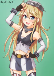 Rule 34 | 1girl, aged down, anti (untea9), blonde hair, blue eyes, commentary request, cowboy shot, elbow gloves, fingerless gloves, front-tie top, garter straps, gloves, gradient background, green background, hair between eyes, headgear, highres, iowa (kancolle), kantai collection, looking at viewer, miniskirt, open mouth, skirt, smile, solo, star-shaped pupils, star (symbol), striped clothes, striped thighhighs, symbol-shaped pupils, thighhighs, twitter username, vertical-striped clothes, vertical-striped thighhighs